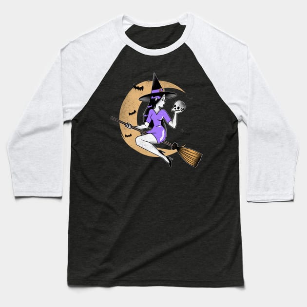 Halloween witch flying on broom Baseball T-Shirt by Biddie Gander Designs